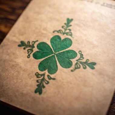 Close-Up, Shallow Focus, Eye Level Shot: A detailed view of the Shamrock design on the cover of a craft paper book, showing the delicate, hand-pressed pattern in green ink on the natural brown paper background. clipart