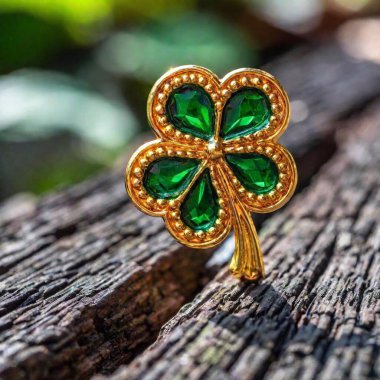 Macro Shot, Soft Focus, Low Angle Shot: A Shamrock brooch, made of antique gold with green enamel, with delicate filigree work visible on the edges of the leaves, catching the light in a subtle, elegant way. clipart