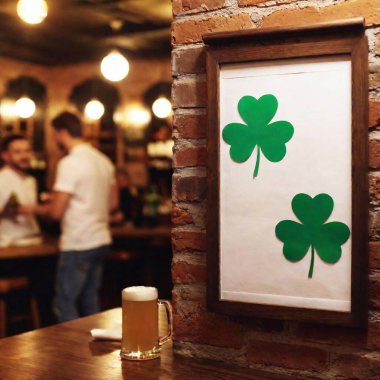 shamrock picture on craft paper in frame hanging on brick wall in the pub, blurred people drinking beer on background clipart