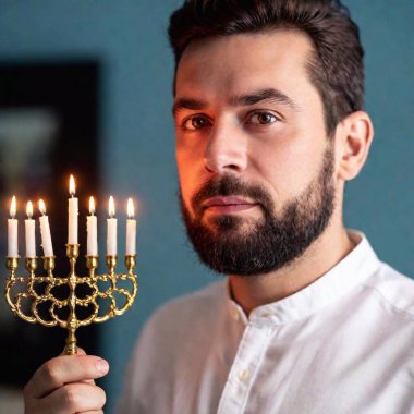 A close-up photo of a caucasian male adult holding a candle with deep focus on his face and the menorah in front of him, eye level shot highlighting the reverence in his expression as he participates in the Hanukkah ritual clipart