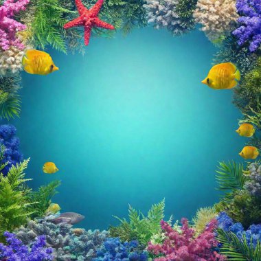 A flatlay of a poster showing a beautiful underwater scene with marine life flourishing around a clean ocean. The shallow focus draws attention to the detailed sea creatures and plants, with no text to distract from the imagery. clipart