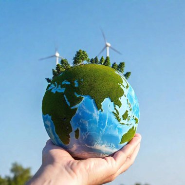 close up flatlay of an Earth Day poster showing a peaceful countryside with wind turbines, solar panels, and a clear sky. The shallow focus enhances the central imagery by gently blurring the edges, and the design is presented without any text. clipart