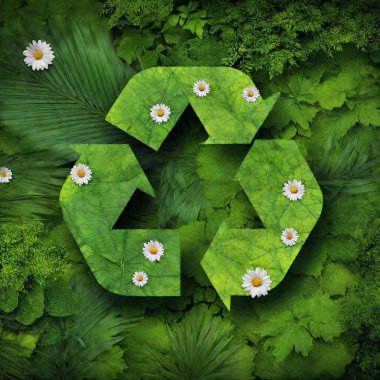 An Earth Day awareness poster viewed from above, illustrating a large recycling symbol made from natural materials like leaves and flowers. The deep focus ensures every leaf and petal is clearly defined, without any text in the design. clipart