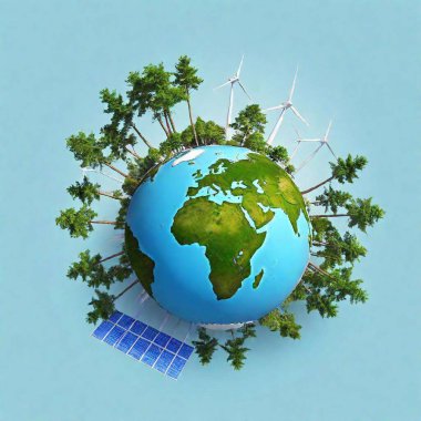 An Earth Day poster viewed from above, showing a globe surrounded by various renewable energy sources like wind turbines and solar panels. The deep focus captures all elements in sharp detail, with the design intentionally left without text. clipart