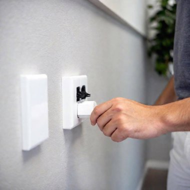 An eye-level shot of an employee unplugging devices from a power outlet, reinforcing the idea of reducing electricity use in the workplace. clipart