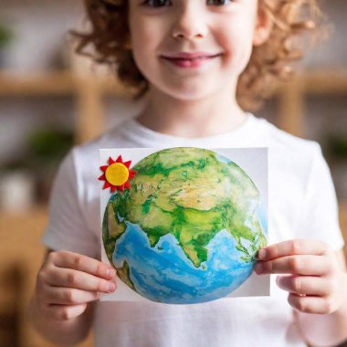 extreme macro shot of small kids holding handmade postcard with a picture of earth Planet, earth day concept, without any text clipart