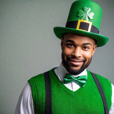 A close-up shot of a person wearing a green St. Patrick Day bow tie, shamrock-patterned suspenders, and a bright green top hat, with vibrant colors and sharp details. clipart