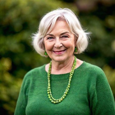 A high-quality close up portrait of a senior greyhaired caucasian woman wearing a green St. Patrick Day-themed dress, complete with a shamrock necklace and green earrings, set against a soft-focus background of greenery. clipart