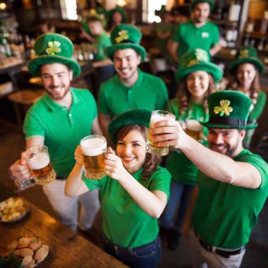 An macro overhead portrait view of a crowded bar during St. Patrick Day, with patrons dressed in green shirts, hats, and accessories, raising their glasses in a toast to the holiday. clipart