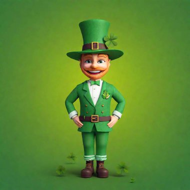 Disney style, full body, smiling, detailed, ultra high definition, leprechaun character wearing a vibrant green suit, complete with a tall hat and a clover pinned to the lapel, standing amidst a field of oversized shamrocks on green background. clipart