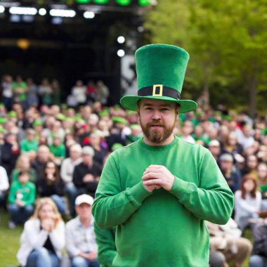 An extreme wide shot at eye level of a St. Patrick Day concert in the park, showing a large audience dressed in green. The rack focus sharpens a group of people near the stage, while the distant crowd softly blurs into the background. clipart