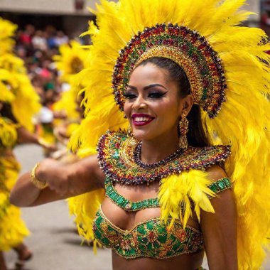 Parlak kostümlü bir Samba dansçısının ritmik el hareketleri. Brezilya 'daki Rio Karnavalı