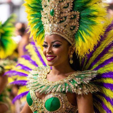 rhythmic movements of a Samba woman dancer in bright costume with glitters. Rio Carnival in Brazil clipart