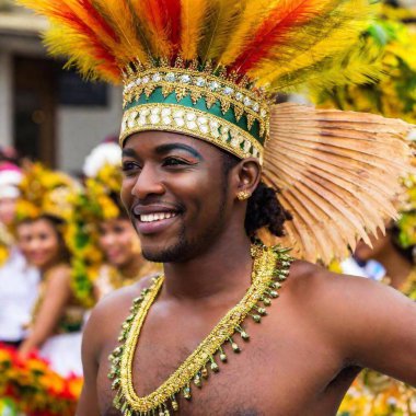 Samba dancers, highlighting the expressive eyes and festive face paint, costumes vibrant colors and details of the brown skin. clipart