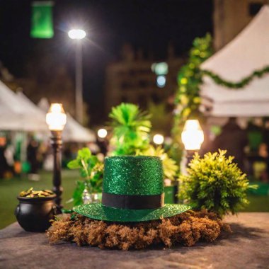 an establishing shot photo of a St. Patrick Day festival. Include a broad view of the venue with various green decorations such as archways, flags, and lanterns, highlighting the holiday spirit and celebration clipart