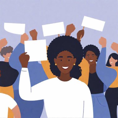 vector art illustration. eye level long shot of a black woman proudly displaying her empowerment clear white poster paper with no text. community event, focus and the audience blurred behind her, celebrating women's achievements clipart