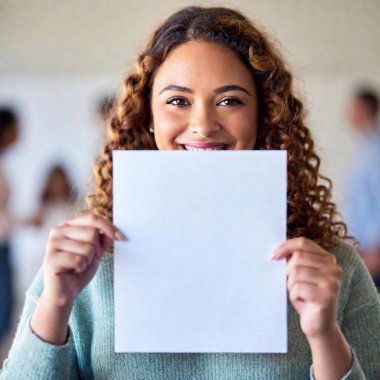 Celebrating Achievements: An eye level long shot of Caucasian proudly displaying her empowerment clear white poster paper with no text. community event, focus and the audience blurred behind her, celebrating women's achievements clipart