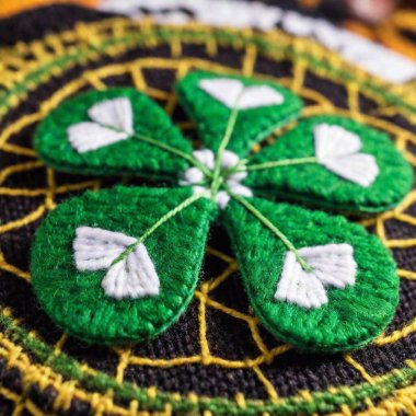 An extreme macro shot of a finely embroidered shamrock on a traditional Irish dance costume, with the intricate stitching and vibrant green thread highlighted against the fabric. clipart