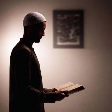 silhouette of Middle-Eastern male, shown in profile, standing in solemn reflection with a prayer. reading torah in hand, the focus on his face and the background fading into softness, emphasizing the serene atmosphere clipart