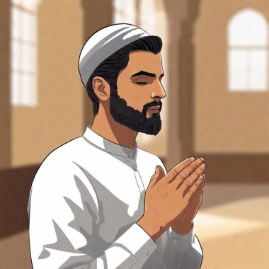 vector illustration. art of Middle-Eastern male in profile, deep in prayer at a synagogue, with his hands clasped and eyes closed, captured in a photo style. The focus highlights his contemplative expression against a blurred background clipart