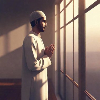 cartoon art illustration of Middle-Eastern man standing before a tall window, bathed in soft light, in prayer. The focus is on his profile and the warm light, with the details of the room softly blurred clipart