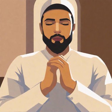 vector illustration. art of Middle-Eastern male, deep in prayer at a synagogue, with his hands clasped and eyes closed, captured in a photo style. The focus highlights his contemplative expression against a blurred background clipart