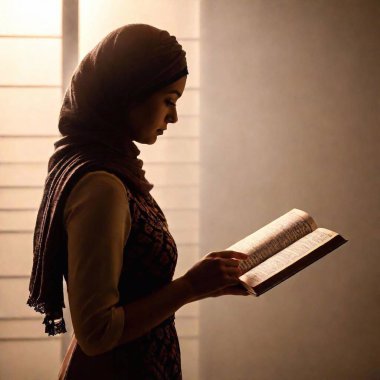 silhouette of Middle-Eastern woman, shown in profile, standing in solemn reflection with a prayer. reading torah in hand, the focus on his face and the background fading into softness, emphasizing the serene atmosphere clipart