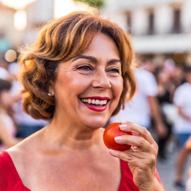 elderly Latin woman with joy participates in La Tomatina festival, man holding red tomato. blurred background with crowd of people throwing tomatoes clipart