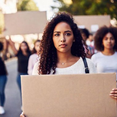 close up portrait of Serious woman holding a blank placard during a protest outdoors. Group of female demonstrators on road with banners. clipart