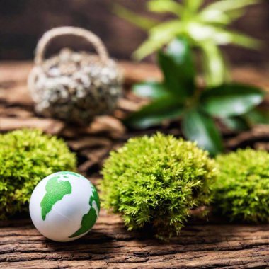 Close-up shot of a green Earth Day decoration made from natural materials, with a ecology globe, leaf design in sharp focus and the other elements softly blurred, showcasing the beauty of nature clipart