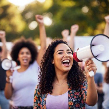 A close-up of a woman hand gripping a megaphone as she leads a chant during a protest, with other women rallying behind her, capturing the energy and urgency of the movement. clipart