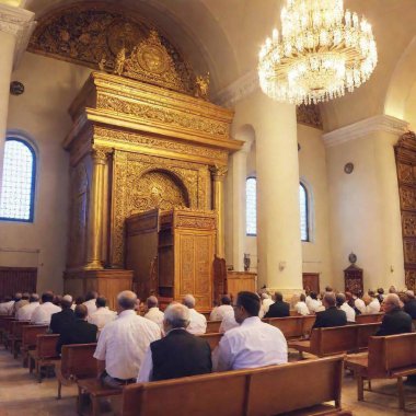 A full shot of a synagogue interior during Yom Kippur services, with worshippers standing in deep prayer, the Torah ark in the background, and all elements in sharp focus, capturing the solemn atmosphere. clipart