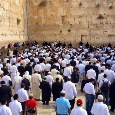 A full shot of worshippers reciting the Vidui (confessional prayer) at the Western Wall in Jerusalem, with the ancient stones and crowd of participants in sharp focus, capturing the depth of the observance. clipart