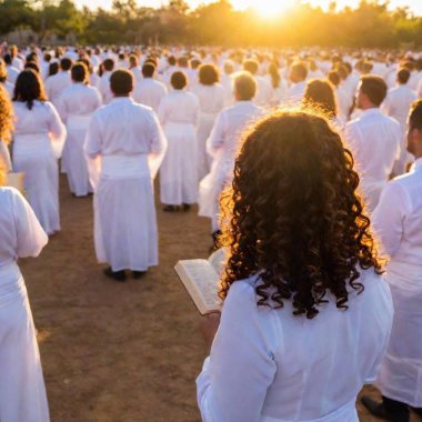 A full rear view of a community gathering for the Kol Nidre prayer at sunset, with participants wearing white and holding empty blank prayer books, the setting sun visible in the background, and all elements in focus. clipart