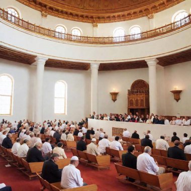 A full shot of a synagogue congregation standing for the final Neilah prayer, with everyone in deep focus, the ark open, and the sun setting in the background, symbolizing the closing of the day. clipart