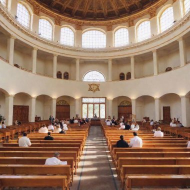 A full shot of a synagogue congregation standing for the final Neilah prayer, with everyone in deep focus, the ark open, and the sun setting in the background, symbolizing the closing of the day. clipart