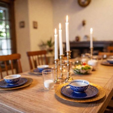 An extreme macro high detailed shot of a home interior, focusing on a table set for the pre-fast meal with candles burning brightly, the rest of the room blurred, and the scene captured at a Dutch angle for added depth. clipart