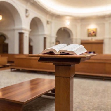 An establishing shot of an empty blank prayer book without any text open on a lectern during Yom Kippur services, with congregation in the background slightly blurred, angled dramatically to add intensity to the scene clipart