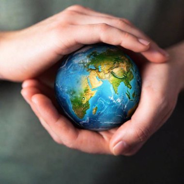 Photorealistic shot of earth in hands on blurred background, Earth Day clipart