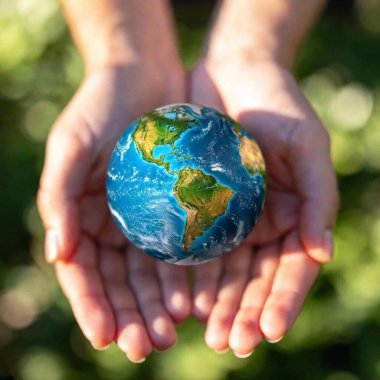 Photorealistic shot of earth in hands on blurred background, Earth Day clipart