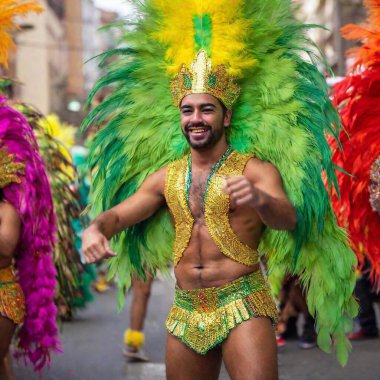 Full body photo of a caucasian male adult performing at the Rio Carnival, showcasing a dynamic pose in an elaborate costume. The costume should be detailed with feathers, sequins, and bold colors to reflect the lively spirit of the carnival clipart