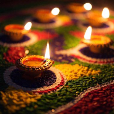 Radiant Diyas: Güzelce dekore edilmiş bir diya 'nın (yağ lambası) yakın plan bir görüntüsü, göz hizasında yakalanan ve alevden keskin detaylarla rengarenk rangoli desenlerine kayan asma odağı ile parlıyor