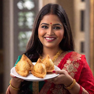 Indian woman eating crispy and spicy samosa clipart