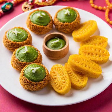 Traditional Diwali Food: An eye-level medium shot in Pop art style, focusing on a close-up of Diwali sweets like kaju katli and jalebi with rack focus. The exaggerated colors and stylized details add a contemporary twist to the traditional treats clipart