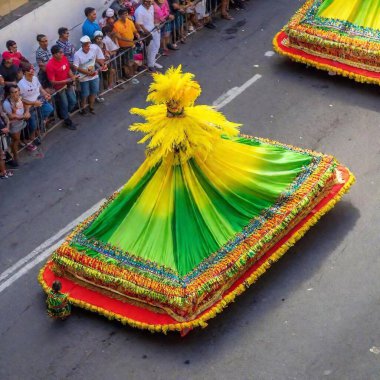 Aerial shot of a vibrant Rio Carnival float, with a shallow focus on the intricate decorations, captured in a full shot as it parades through the streets of Rio de Janeiro. clipart