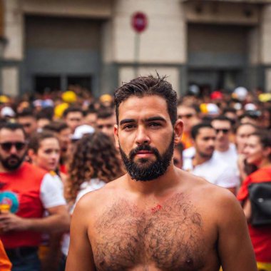 Create a deep focus full shot of the crowds at La Tomatina, taken from eye level, to capture the entire chaotic scene with clear, detailed imagery, showcasing the collective energy of the participants clipart