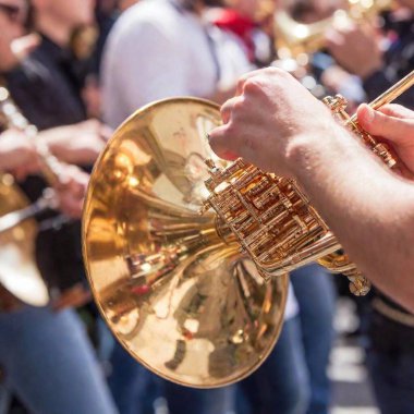 Young musicians playing in the brass band pass spectators in the iconic Carnival party. Extreme macro clipart