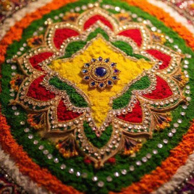 Close-up macro photo of a Rangoli design created for Diwali, with emphasis on the textures and colors of the materials used. The image should reveal the delicate patterns and details, such as glitter or small decorations embedded in the Rangoli clipart