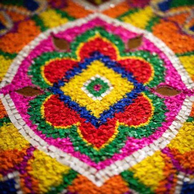 Extreme close-up macro image of a Diwali Rangoli, showcasing the vibrant colors and intricate details of the design. The photo should highlight the different elements of the Rangoli, such as the use of various powders, flowers, and decorative items. clipart