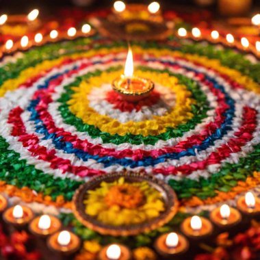 Canlı bir Diwali Rangoli tasarımının orta boy fotoğrafı, arka plandaki hem Rangoli deseninin karmaşık detaylarına hem de bulanık dekorasyon ya da ışıklara odaklanmak için bölünmüş bir diopter kullanıyor..